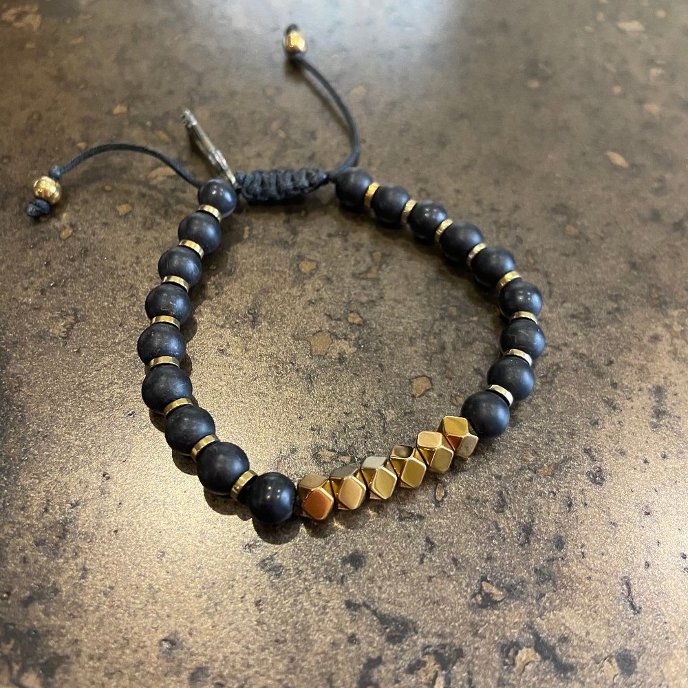 Black and Gold Beaded Bracelet on adjustable Rope